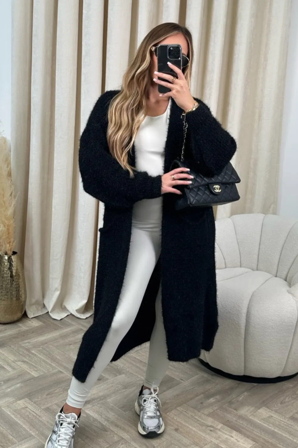 Eloise black fine knit long cardigan