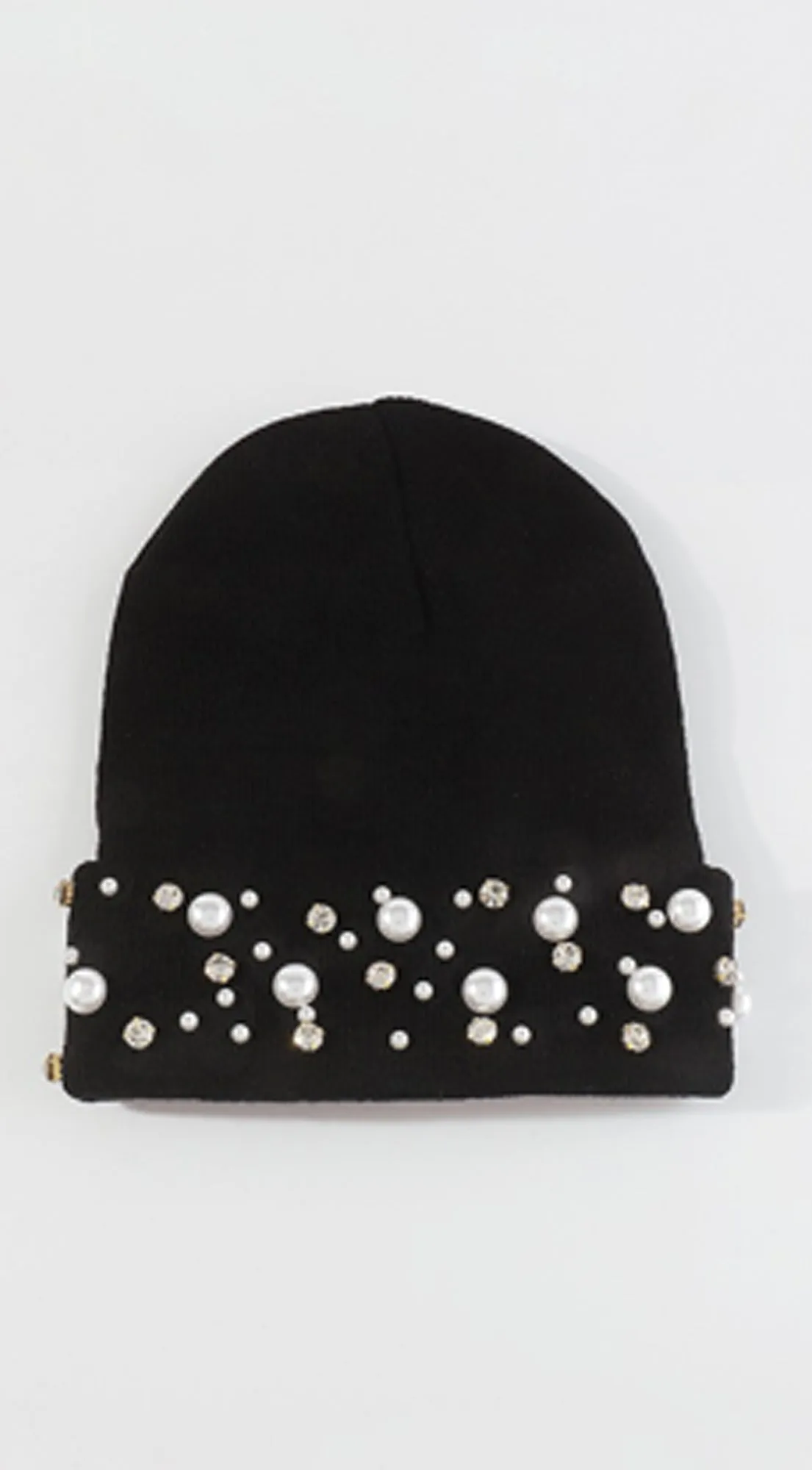 Emma Rhinestone Pearls Knitted Beanie Hat - Black