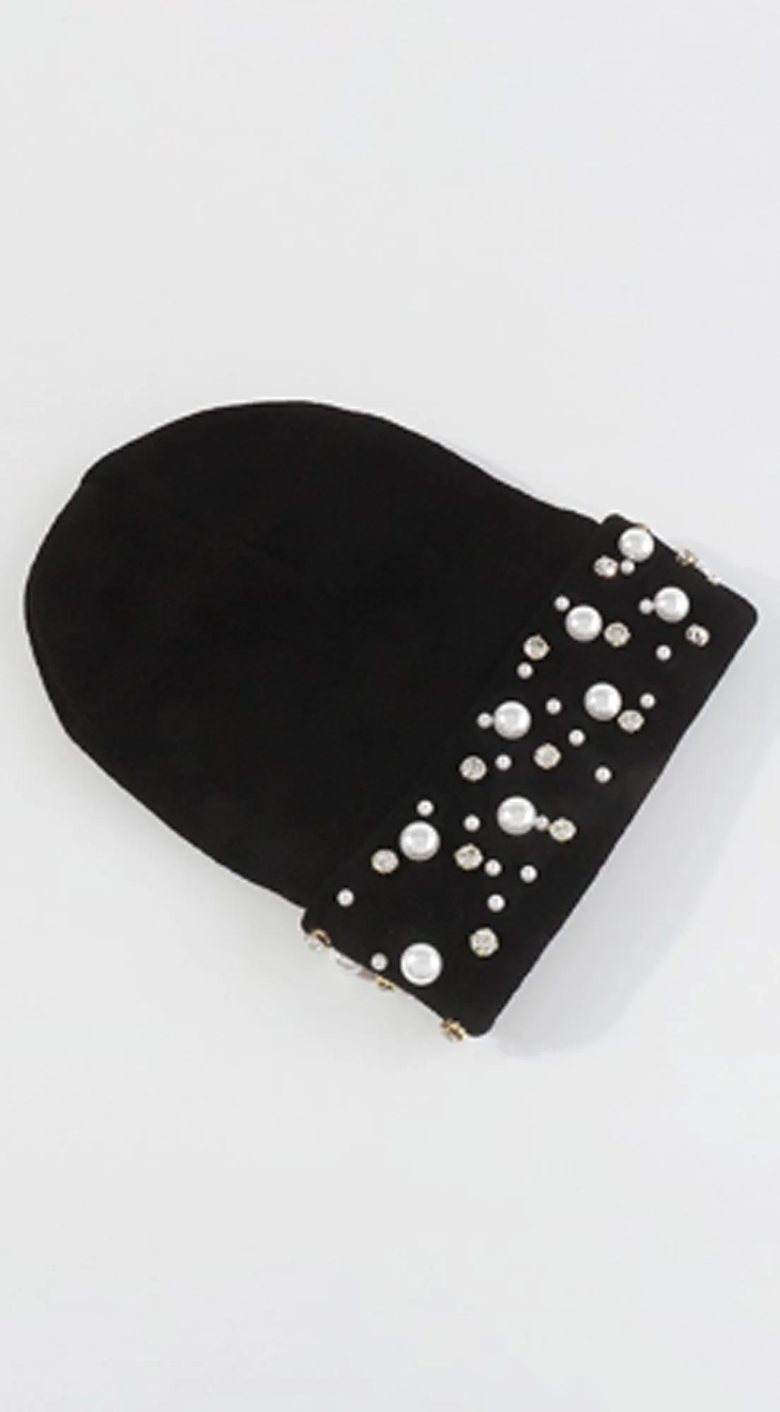 Emma Rhinestone Pearls Knitted Beanie Hat - Black