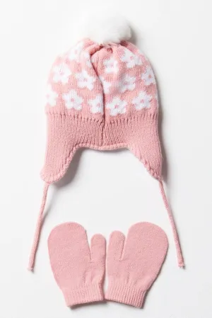 Flower Beanie & Mittens Set Pink