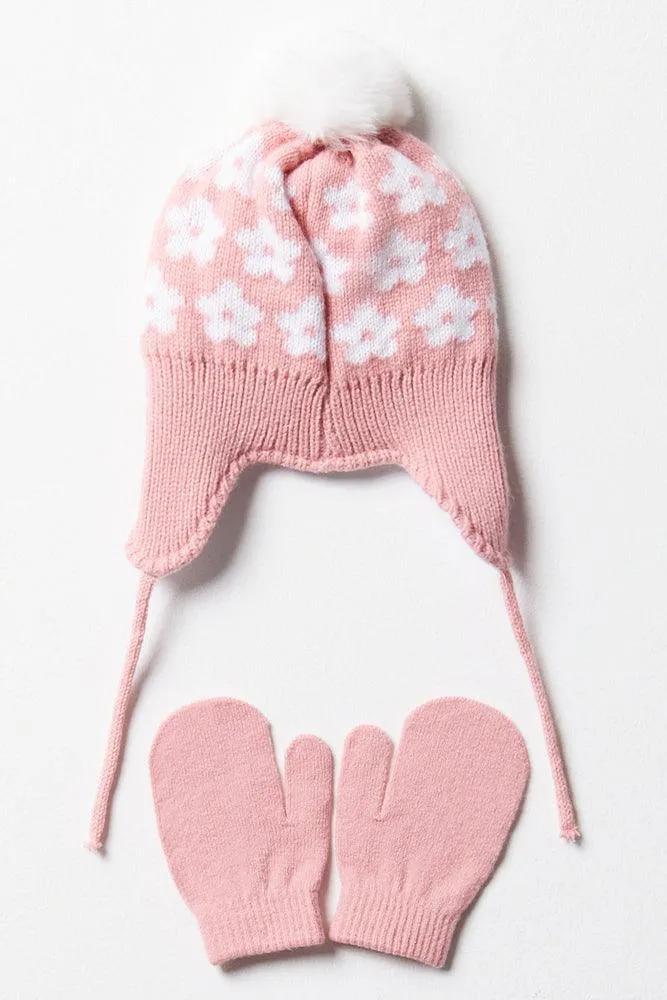 Flower Beanie & Mittens Set Pink