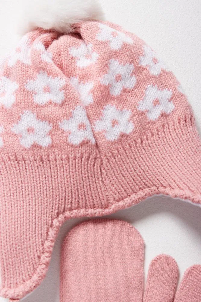 Flower Beanie & Mittens Set Pink