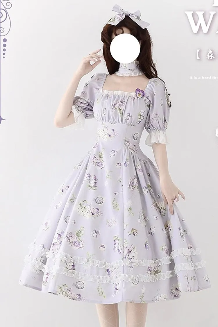 [Forest Basket] Print Short Sleeves Ruffle Lace Sweet Elegant Lolita Dress 6 Colors