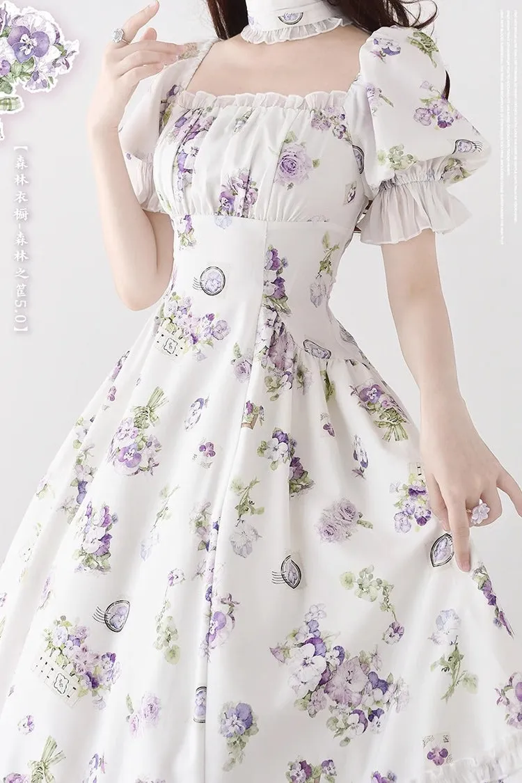 [Forest Basket] Print Short Sleeves Ruffle Lace Sweet Elegant Lolita Dress 6 Colors