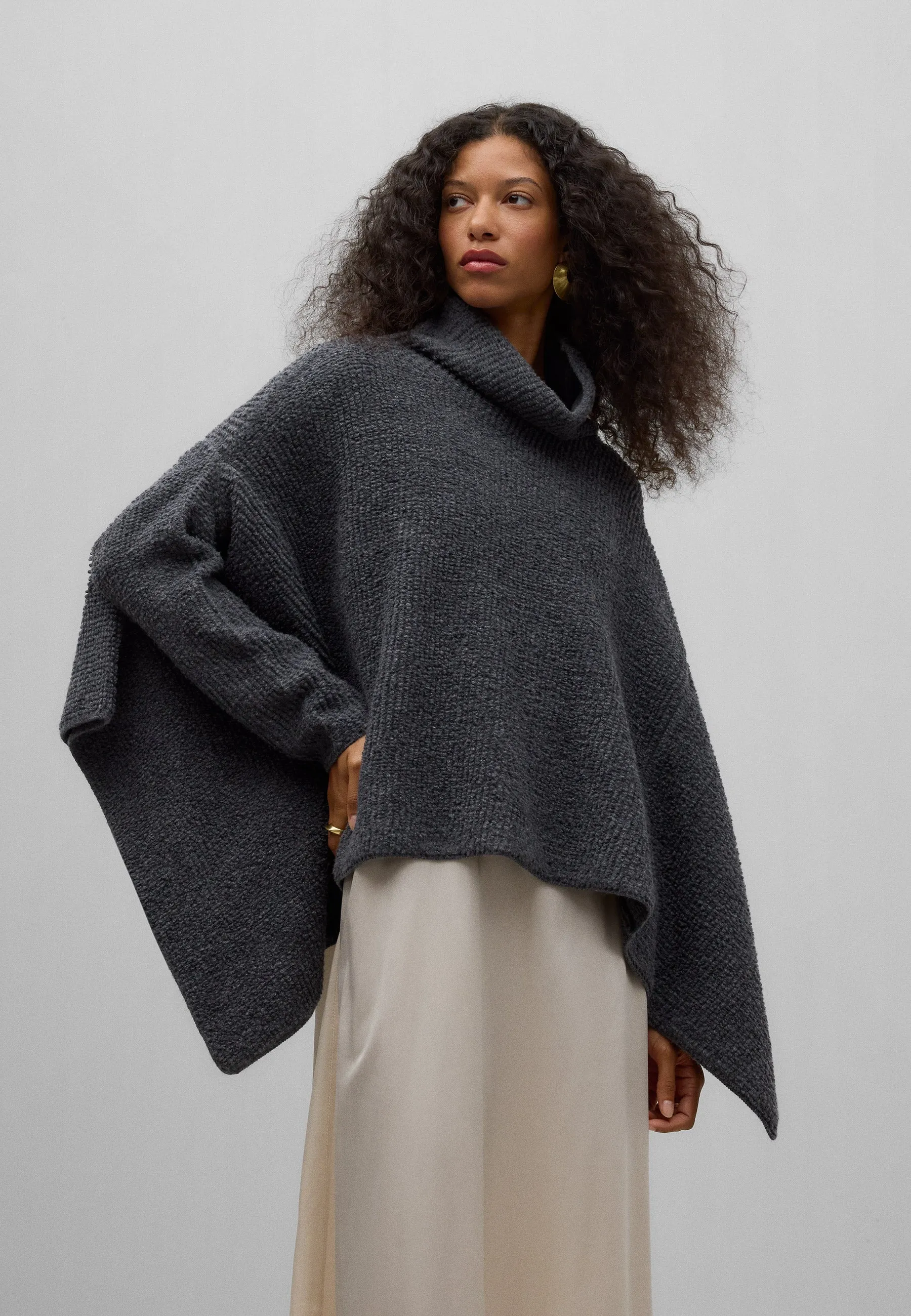 Funnel Neck Cape Sweater - Grey Melange