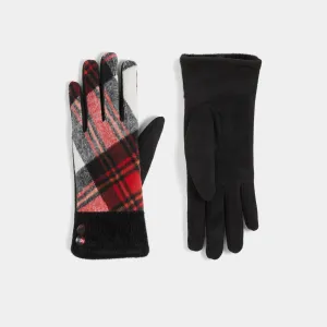 Fur Cuff Plaid Touchscreen Gloves - Red Plaid