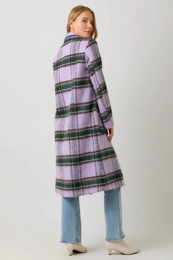 Fuzzy Plaid Long Coat Lavender Mix