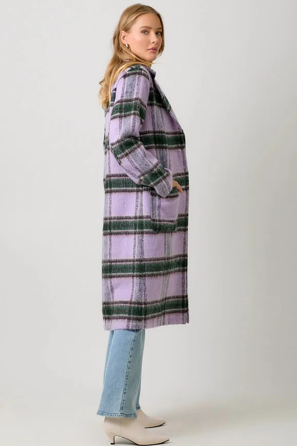 Fuzzy Plaid Long Coat Lavender Mix