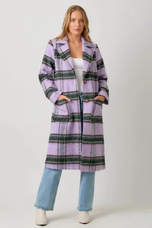 Fuzzy Plaid Long Coat Lavender Mix