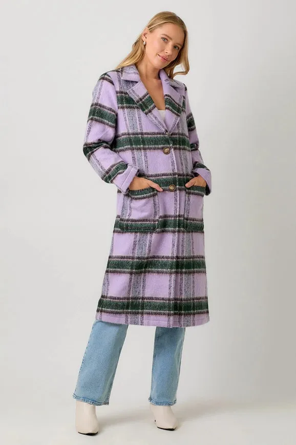 Fuzzy Plaid Long Coat Lavender Mix