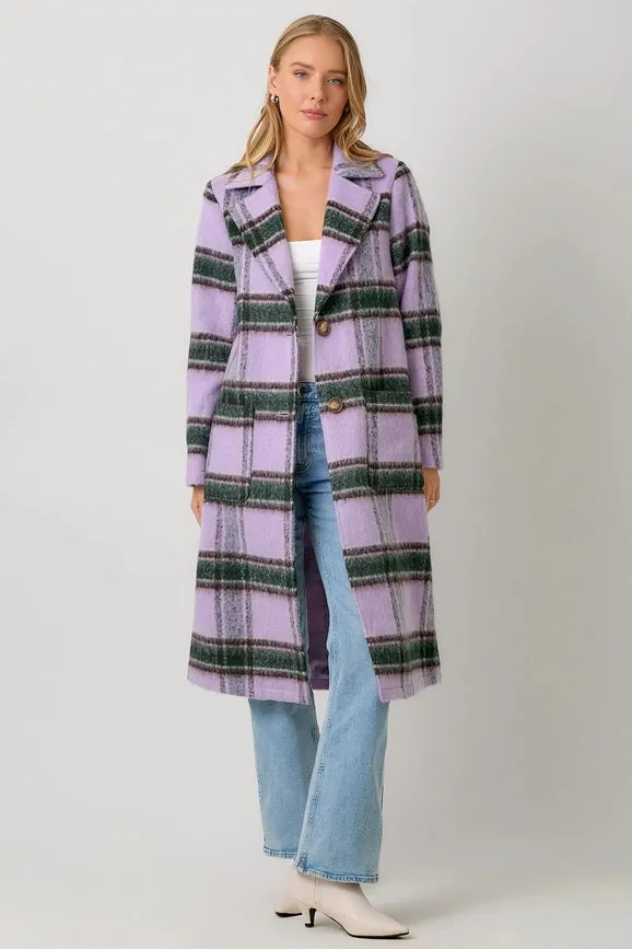 Fuzzy Plaid Long Coat Lavender Mix