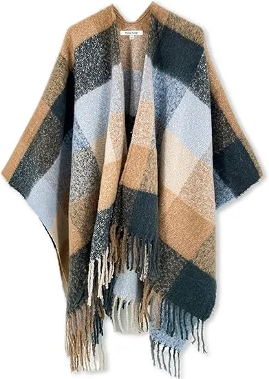 Glacier Grey Winter Chic Plaid Poncho Cardigan