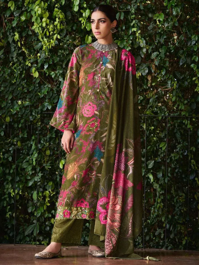 Green Unstitched Cord Velvet Winter Suit Dress Material for Women