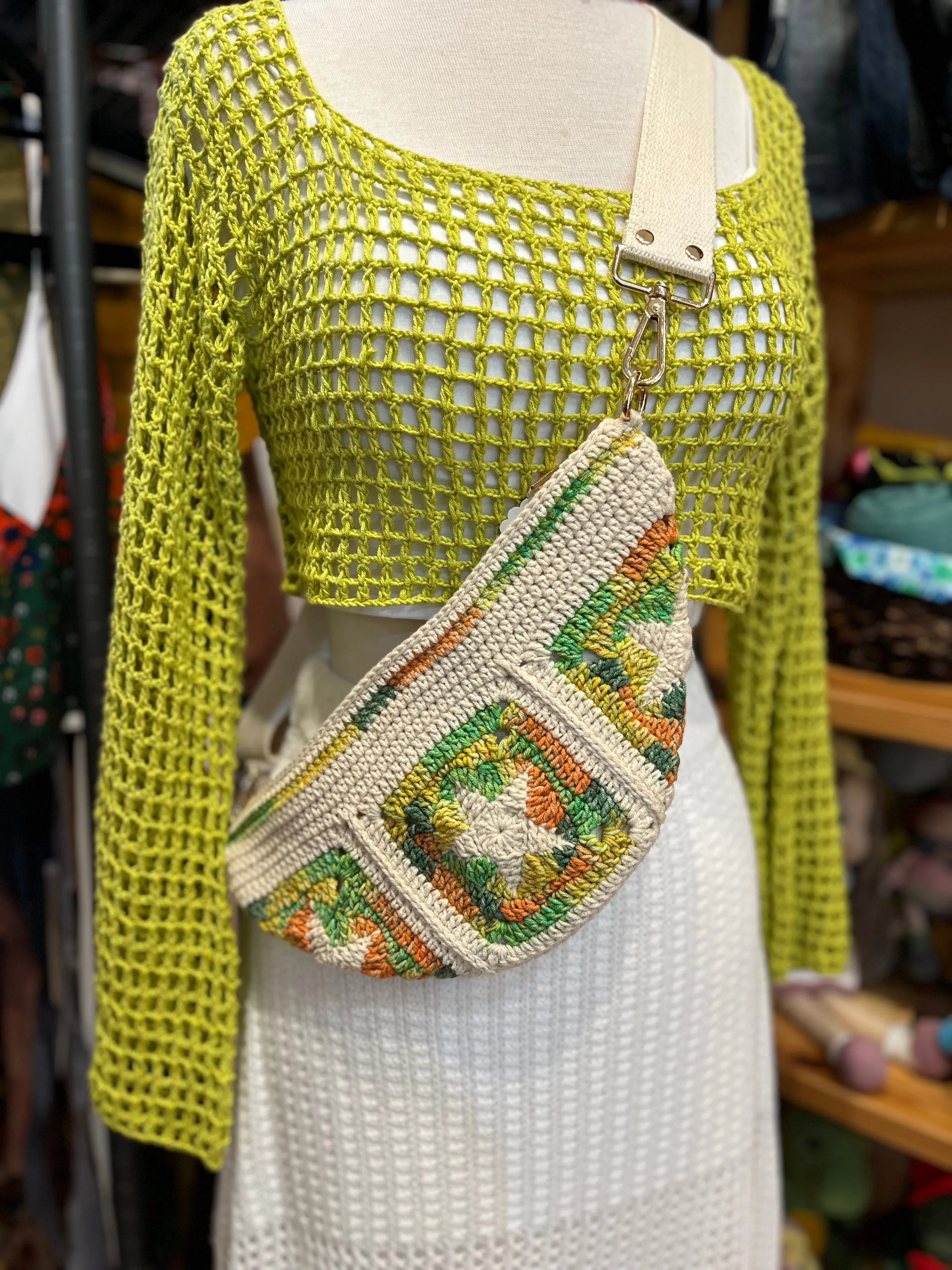 Hand Crochet Crossbody Adjustable Bag Green Star