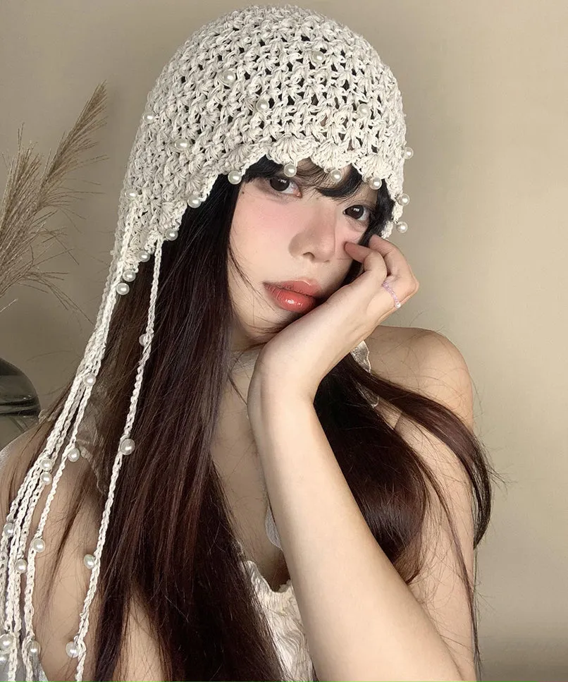 Handmade Beige Tassel Bead Hollow Out Knit Bonnie Hat WI019