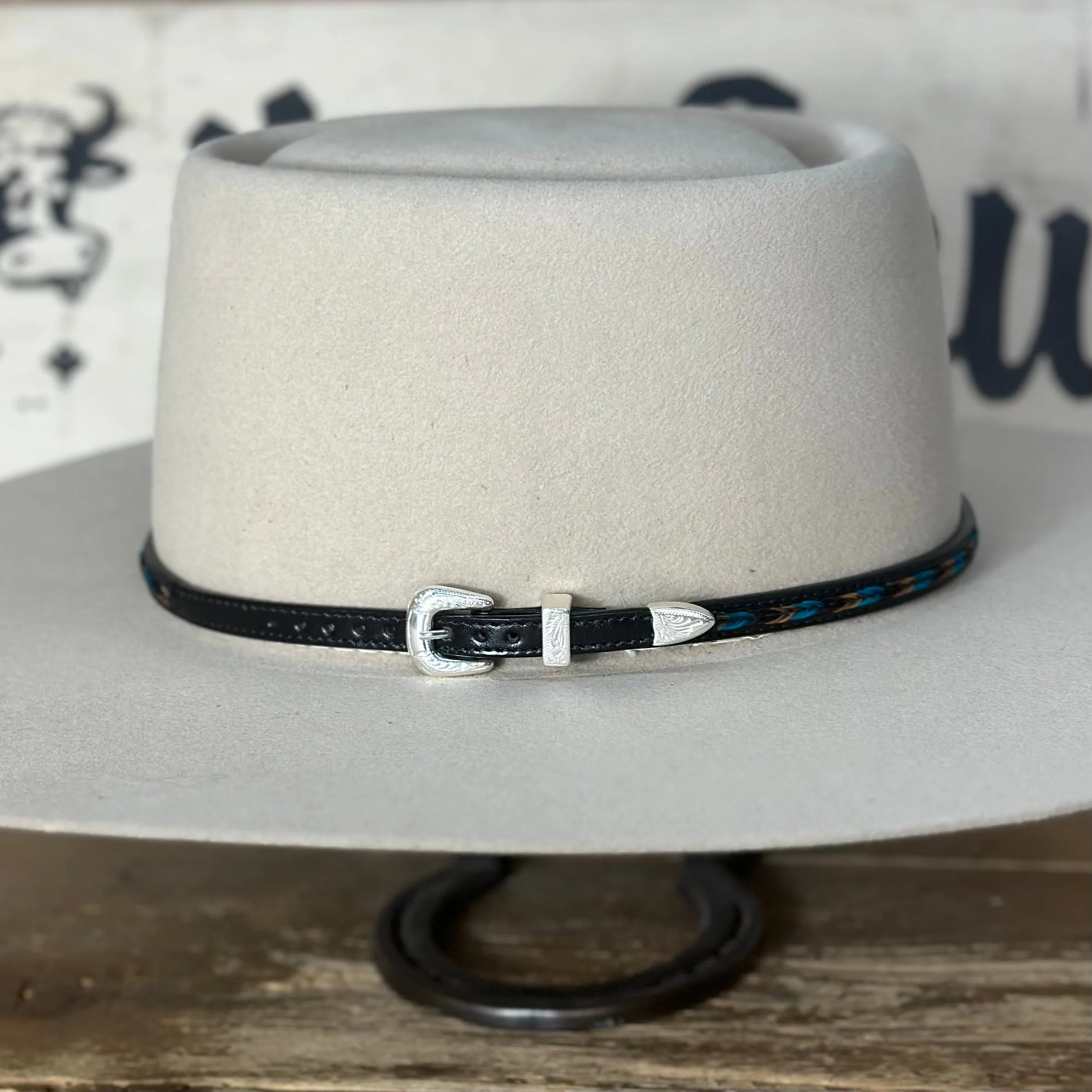 Hatband | Black Leather w/Brown and Turquoise Horsehair Overlay Braid