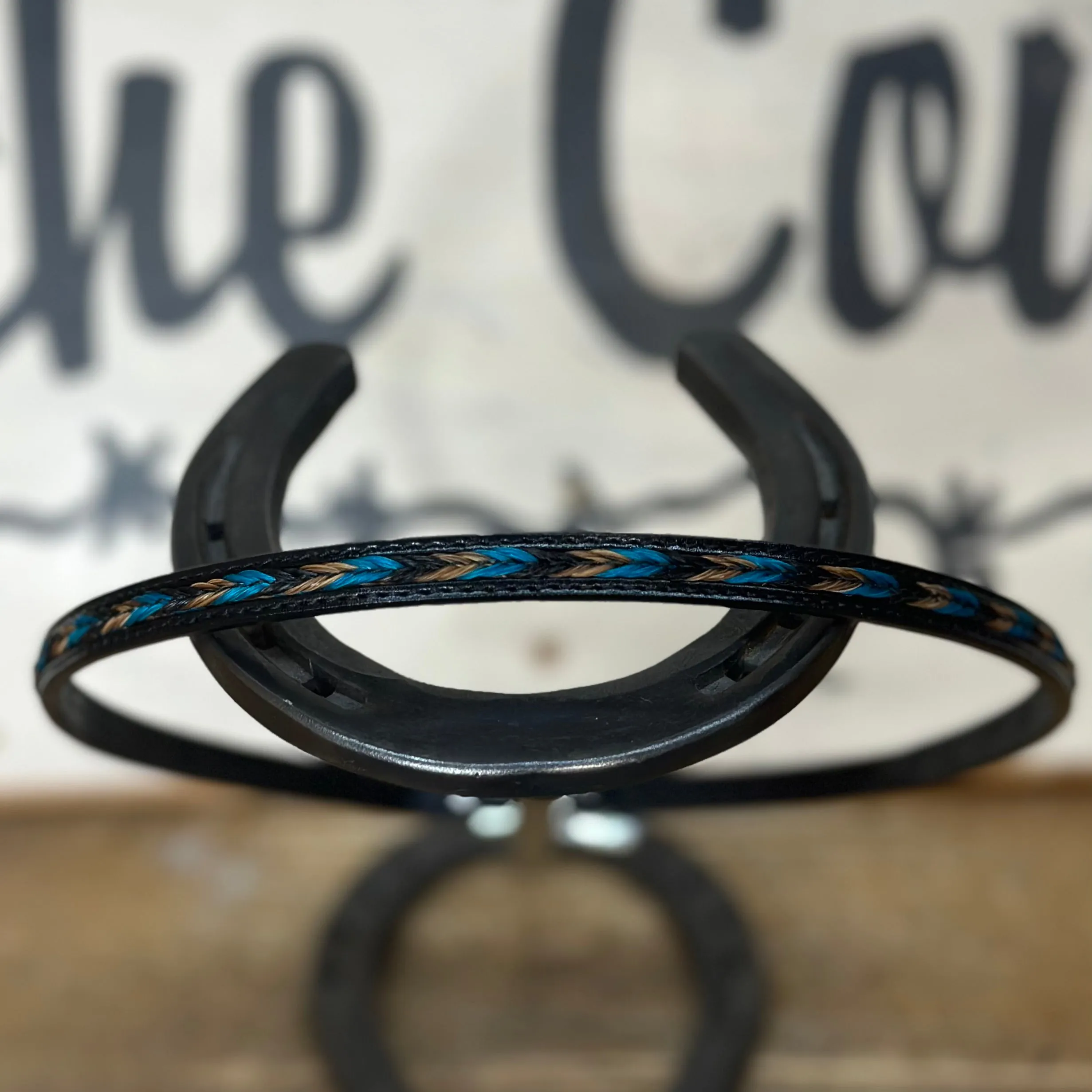 Hatband | Black Leather w/Brown and Turquoise Horsehair Overlay Braid