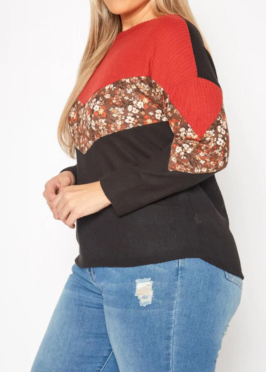 Hi Curvy Plus Size Women Waffle Knit Color Block Sweater