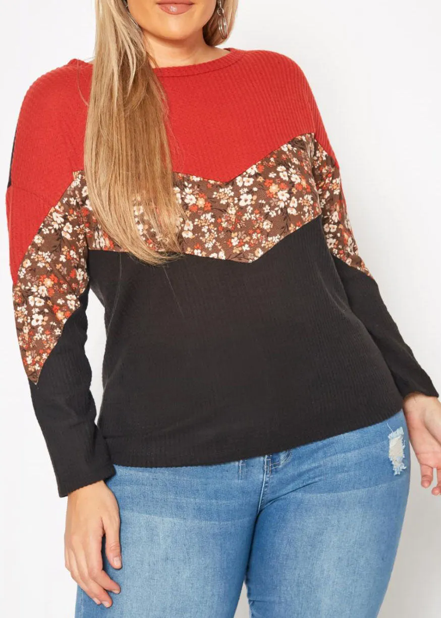 Hi Curvy Plus Size Women Waffle Knit Color Block Sweater