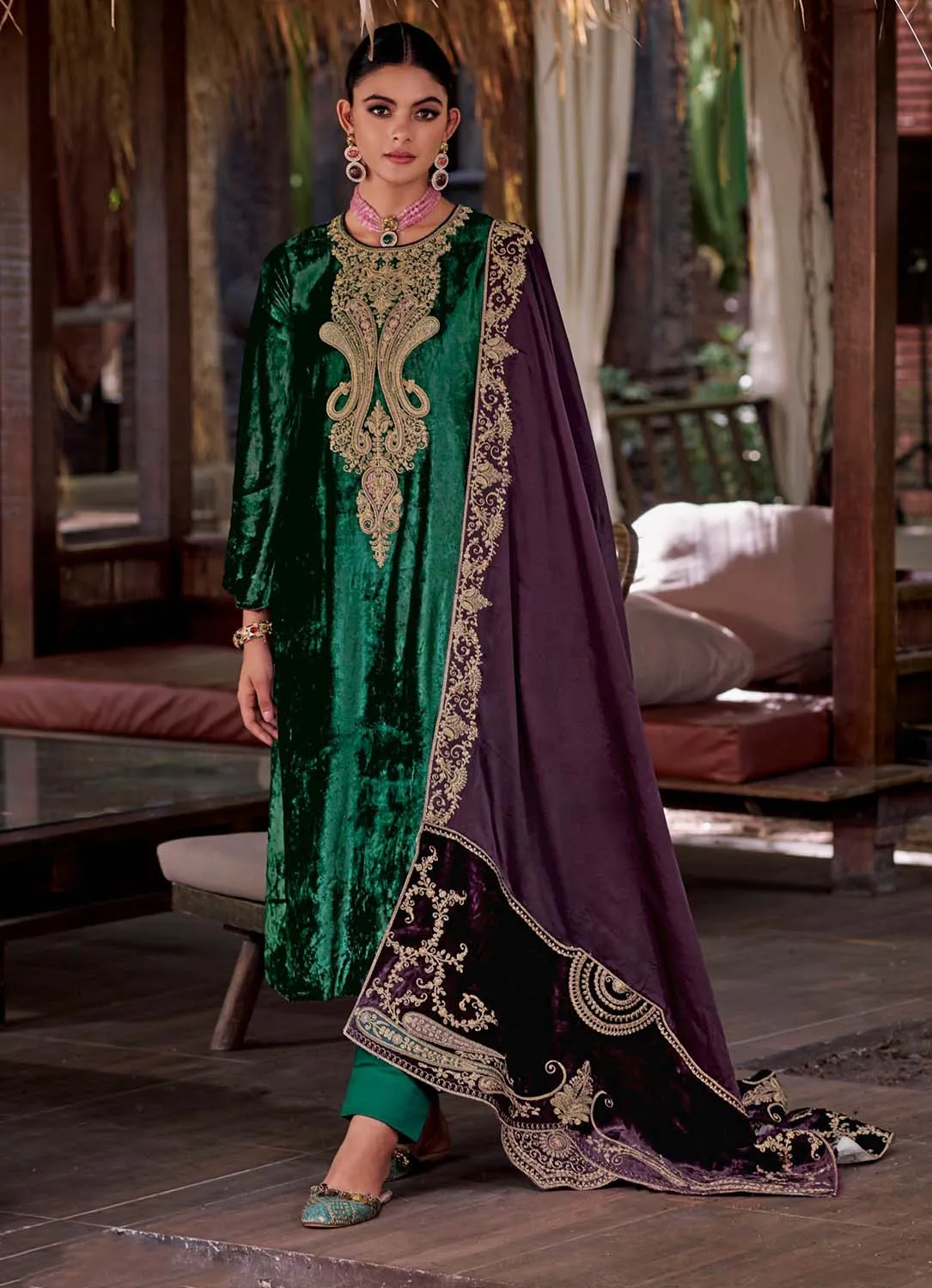 Kilory Unstitched Green Velvet Winter Suits Dress Material for Women