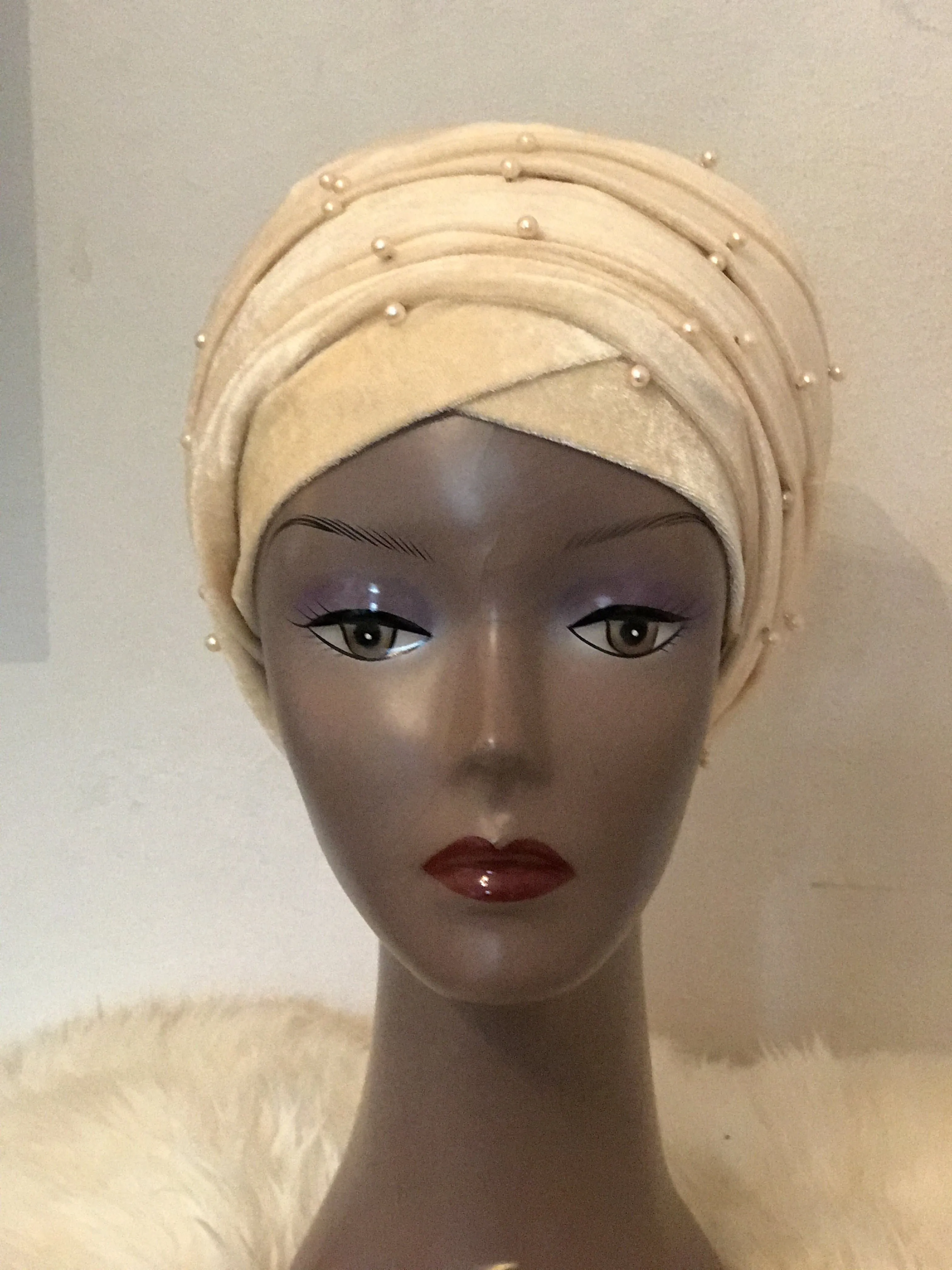 Large Pearl Beaded Velvet Turban HeadWrap