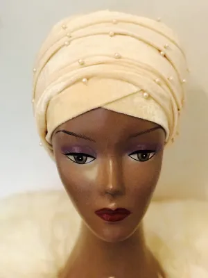 Large Pearl Beaded Velvet Turban HeadWrap