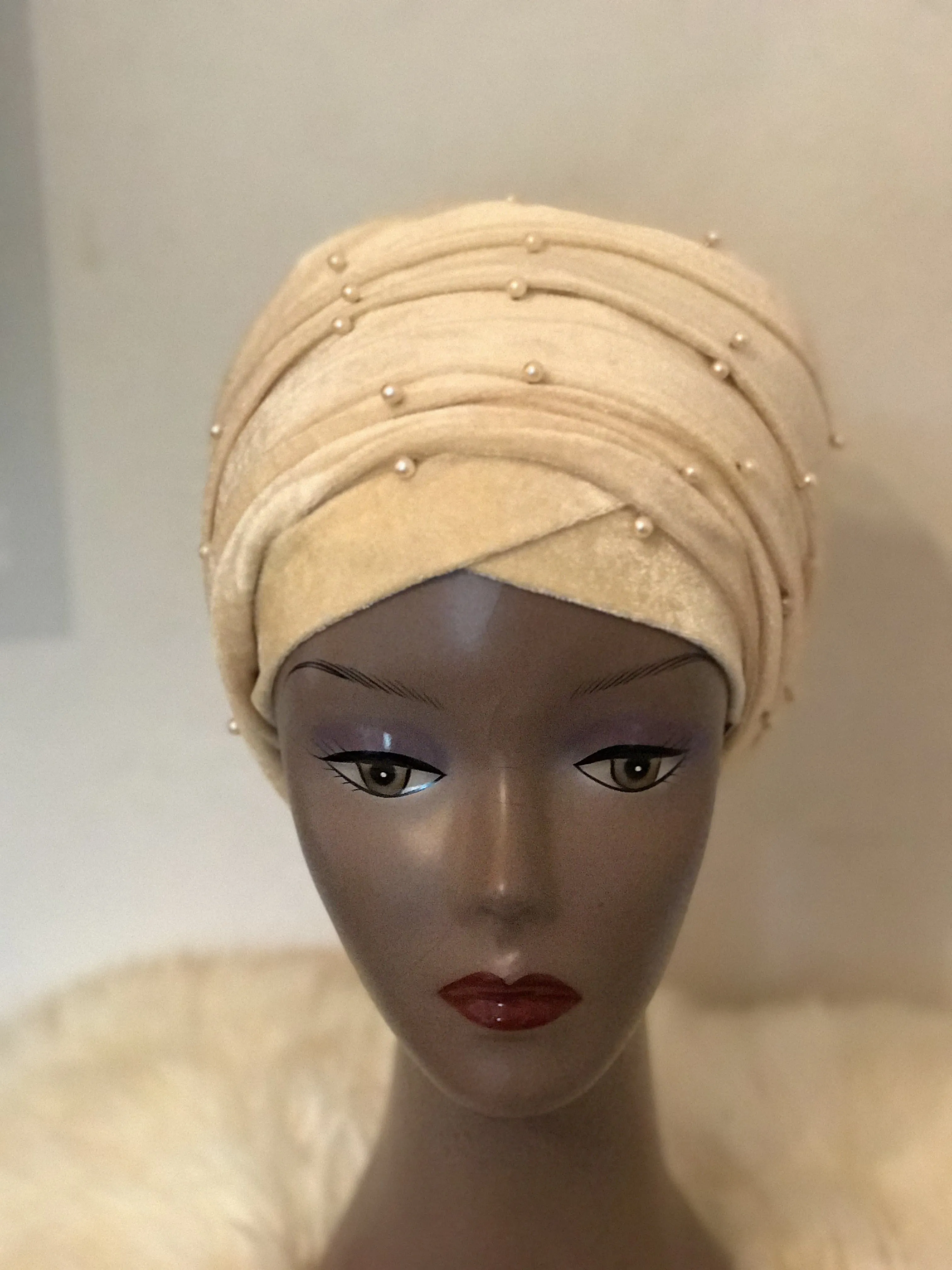 Large Pearl Beaded Velvet Turban HeadWrap