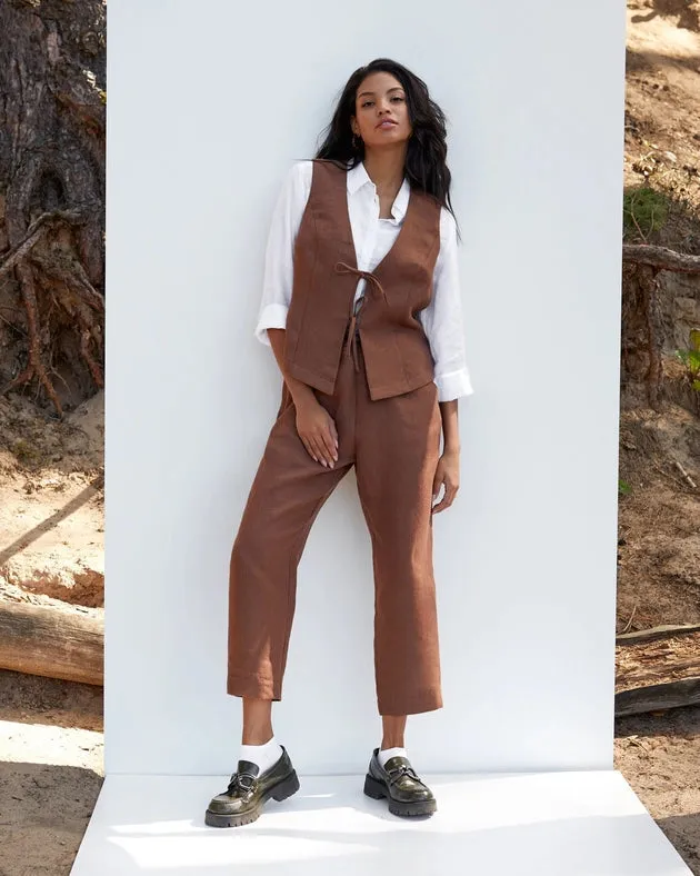 Linen Vest with Ties Sedilo in Cacao Brown