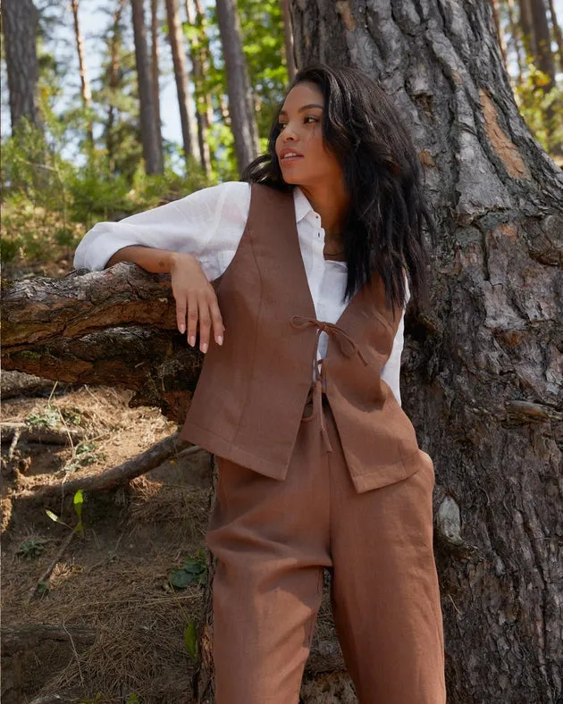 Linen Vest with Ties Sedilo in Cacao Brown