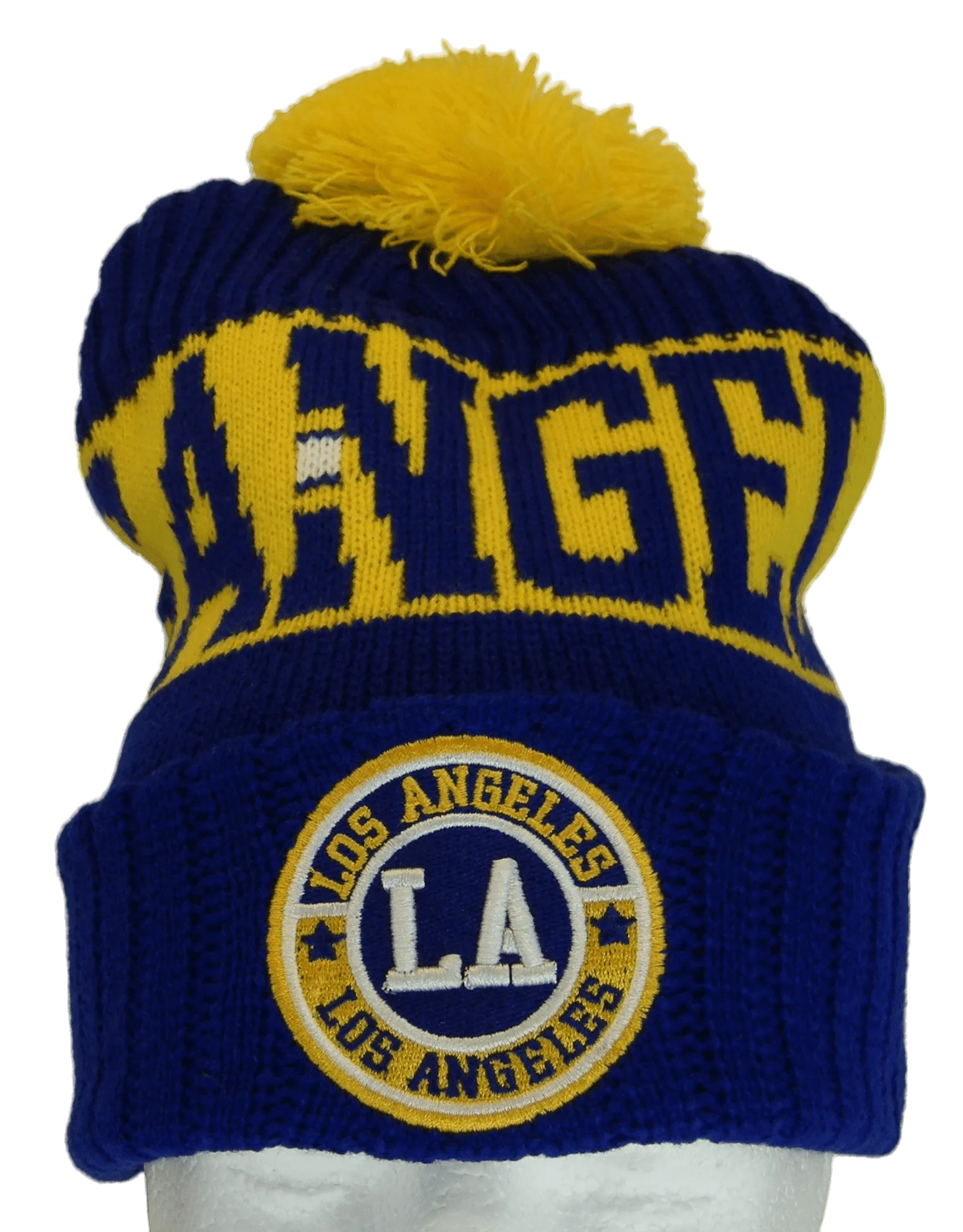 Los Angeles City Name Three Stripe Circular Patch Pom Beanie Winter Hat (Royal/Gold)