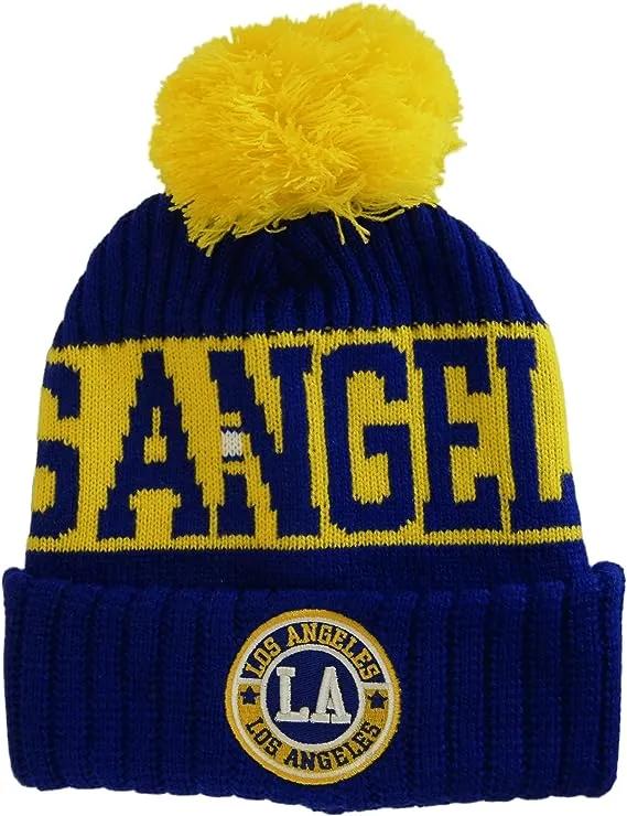 Los Angeles City Name Three Stripe Circular Patch Pom Beanie Winter Hat (Royal/Gold)