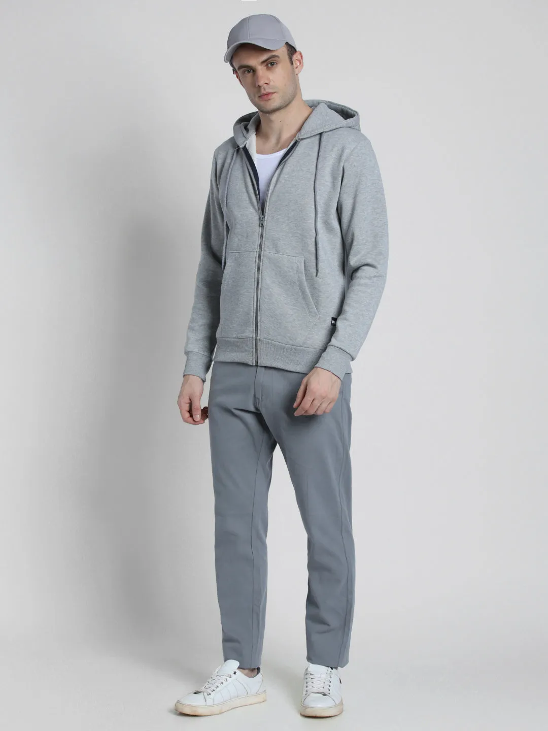 Men's Grey Solid Hooded Sweatshirt