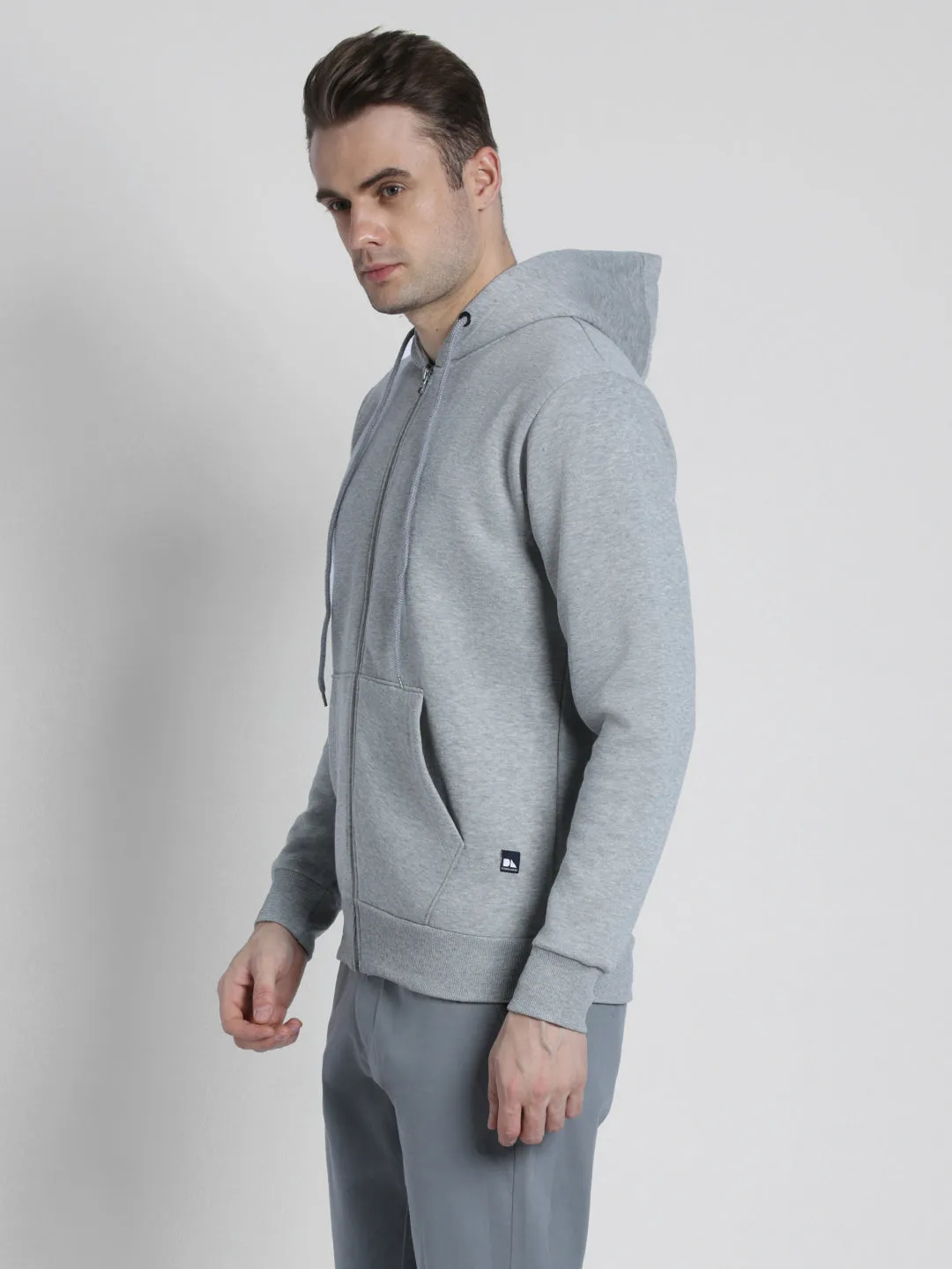 Men's Grey Solid Hooded Sweatshirt