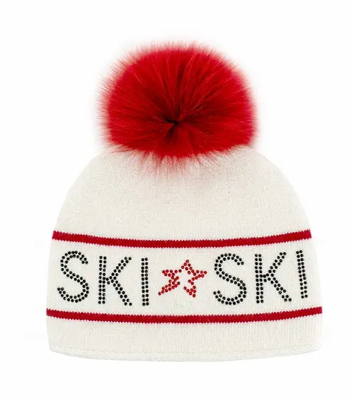 Mitchie's | Knit Knit "Ski" Hat with Crystals and Fox Pompom | Women's