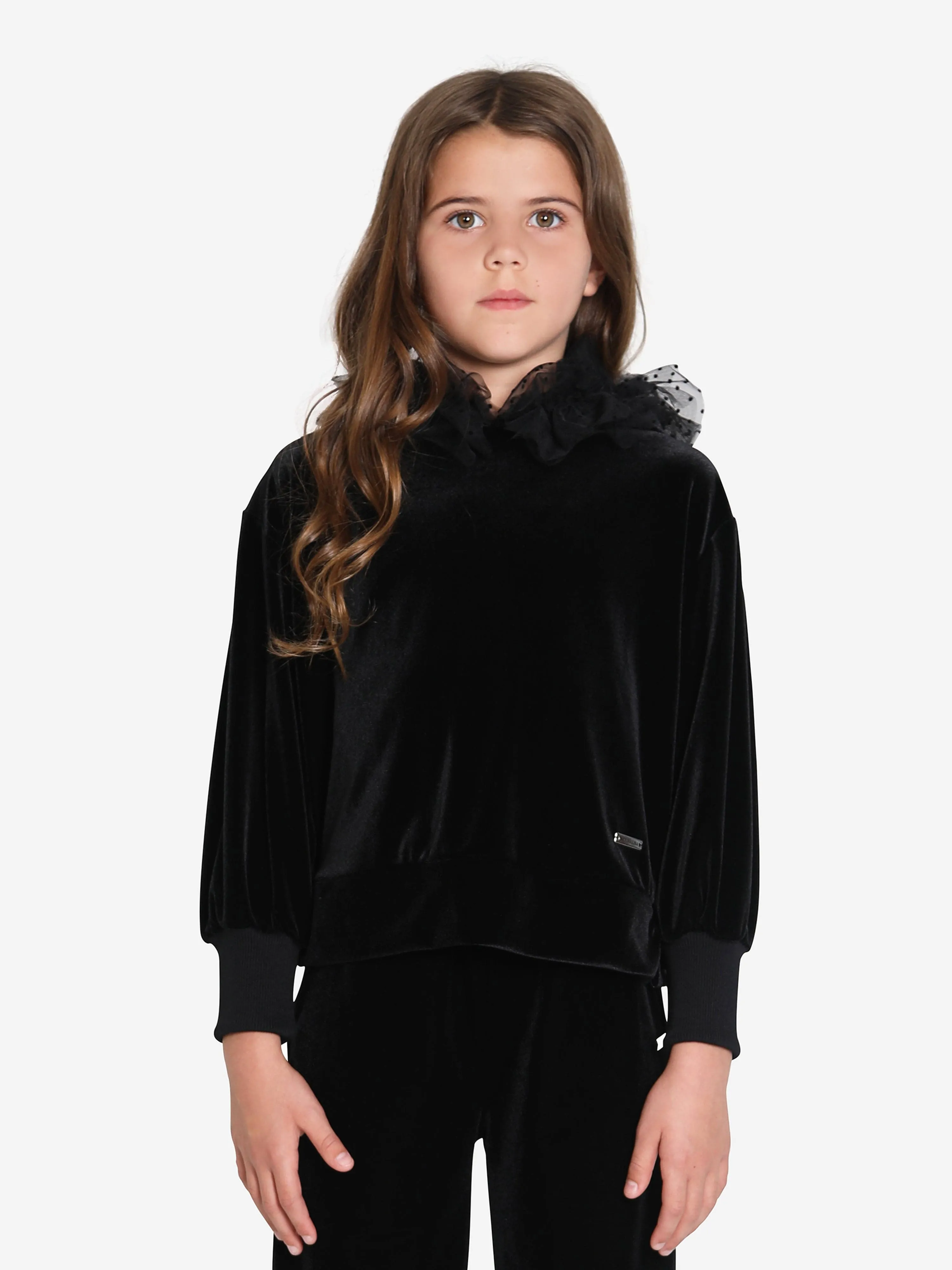 Monnalisa Girls Velvet Tulle Hoodie in Black