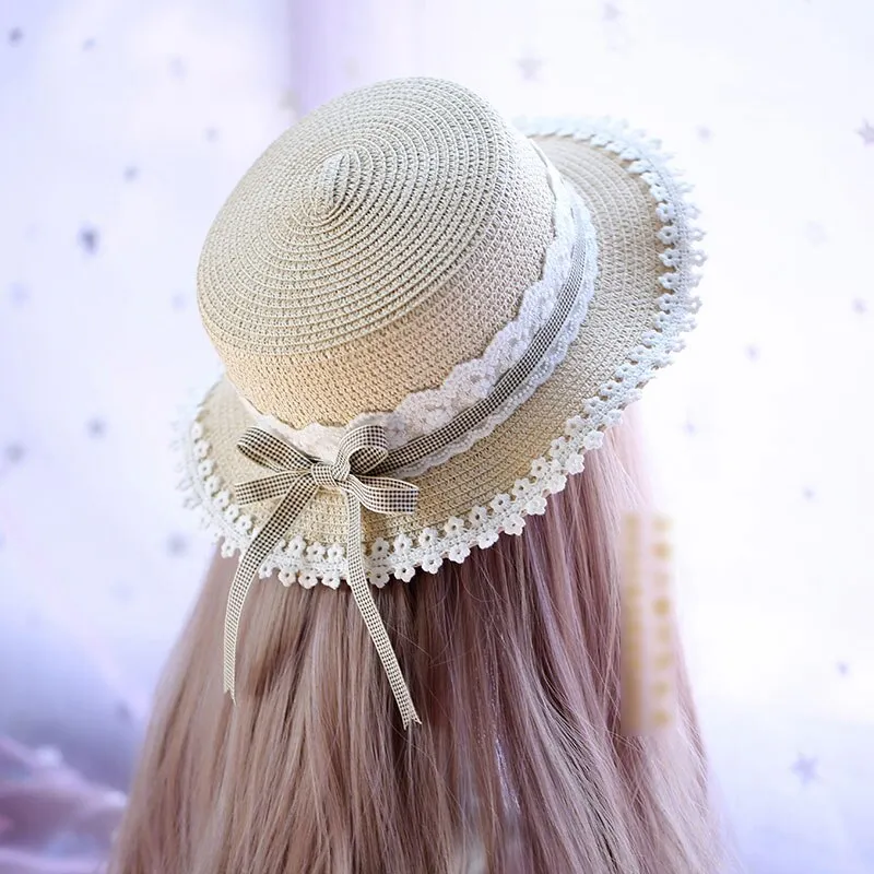 Mori Girl Sweet Lolita Sunhat Plaid Straw Caps Beautiful Sun Hat