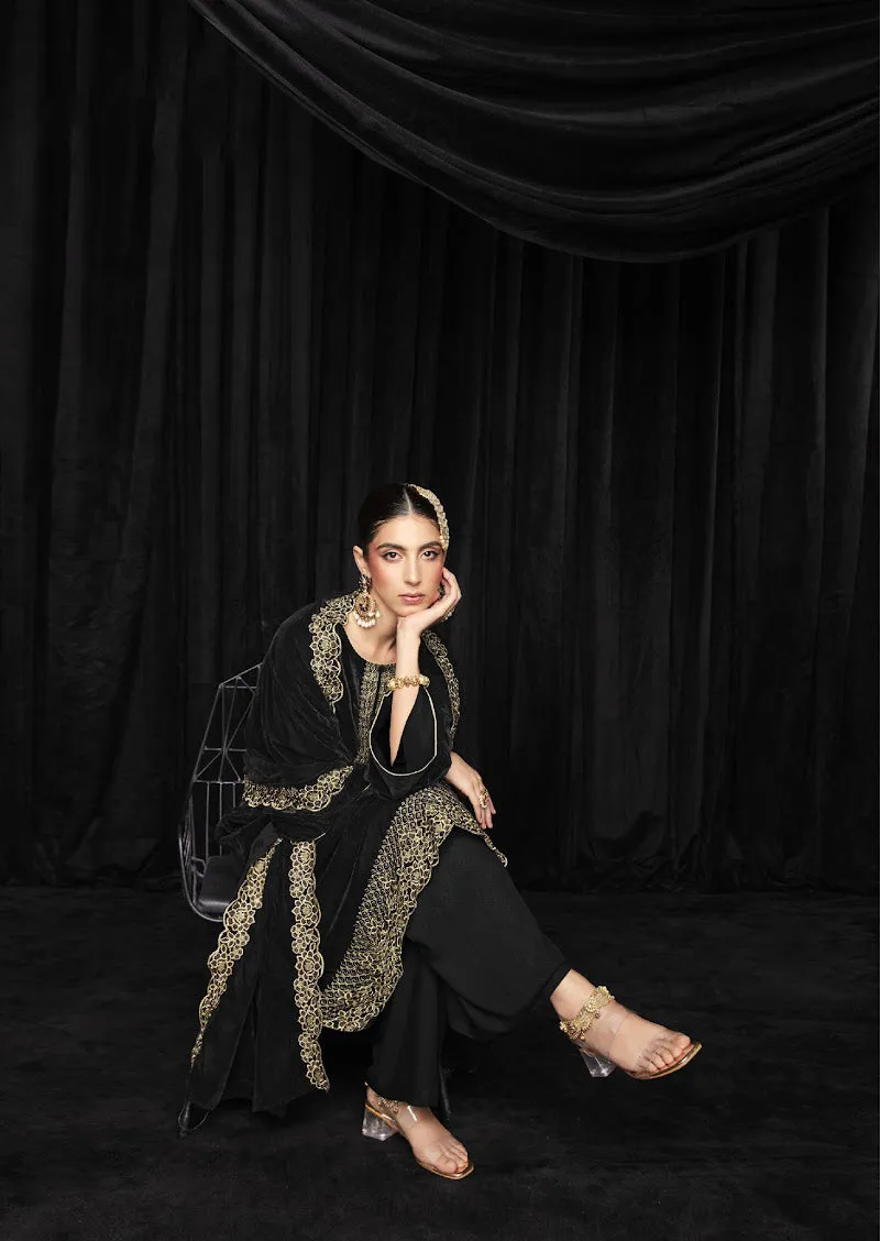 Mumtaz Arts Unstitched Black Winter Velvet Suit Material for Ladies