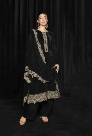 Mumtaz Arts Unstitched Black Winter Velvet Suit Material for Ladies