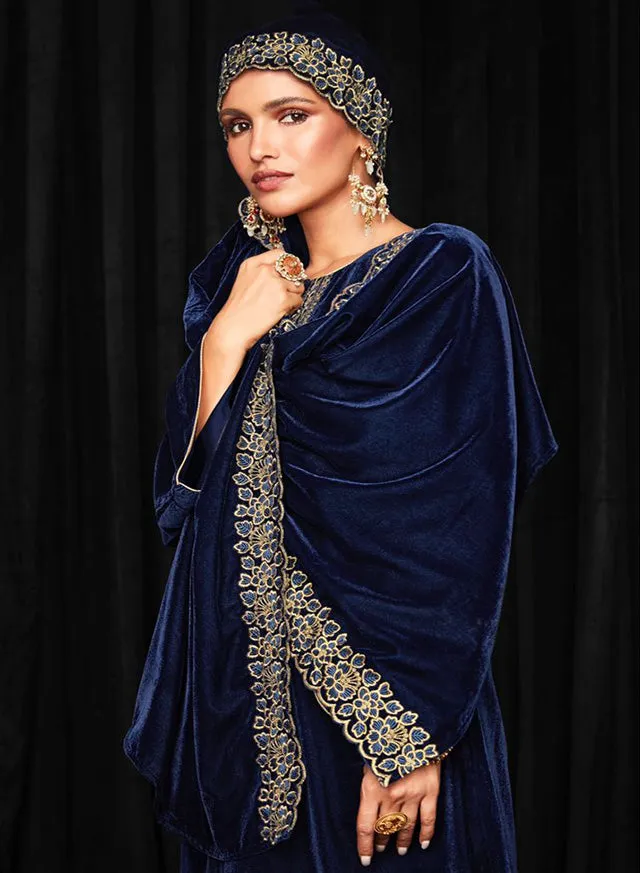 Mumtaz Arts Unstitched Blue Winter Velvet Suit Material for Ladies