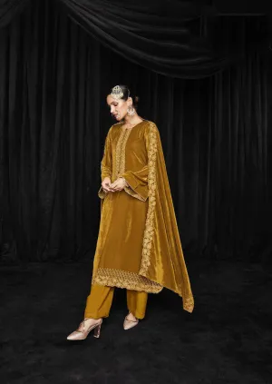 Mumtaz Arts Unstitched Yellow Winter Velvet Suit Material for Ladies