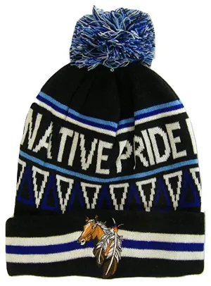 Native Pride Horse Cuffed Knit Winter Hat Pom Beanie (Black)