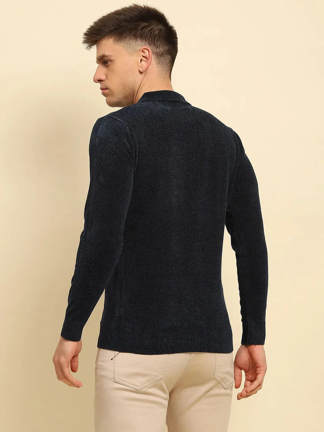 Navy Blue Velvet Blend Solid Regular Fit Pullover