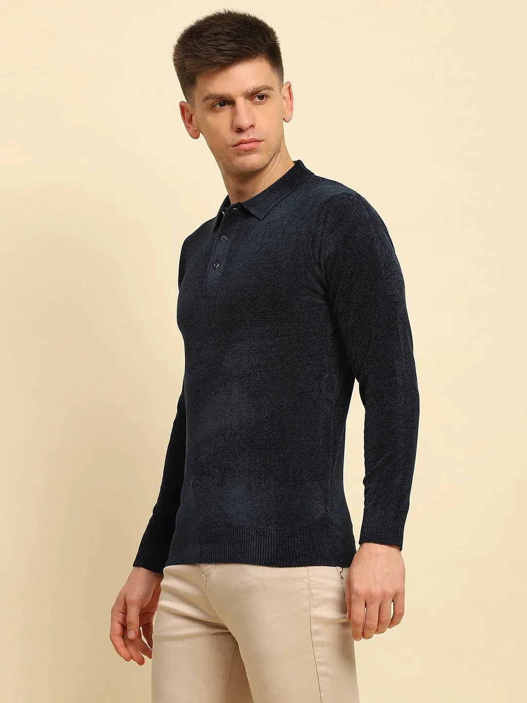 Navy Blue Velvet Blend Solid Regular Fit Pullover