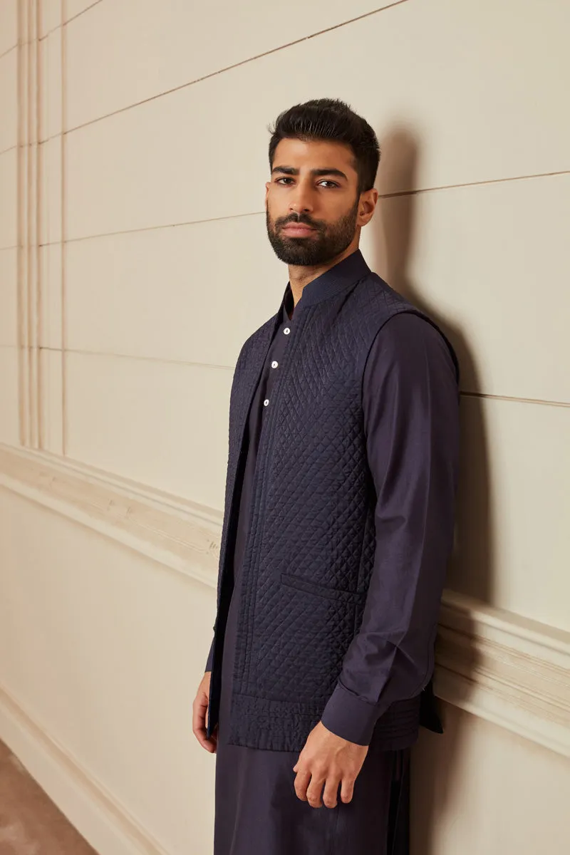 Navy Quilted Kurta Bundi Set