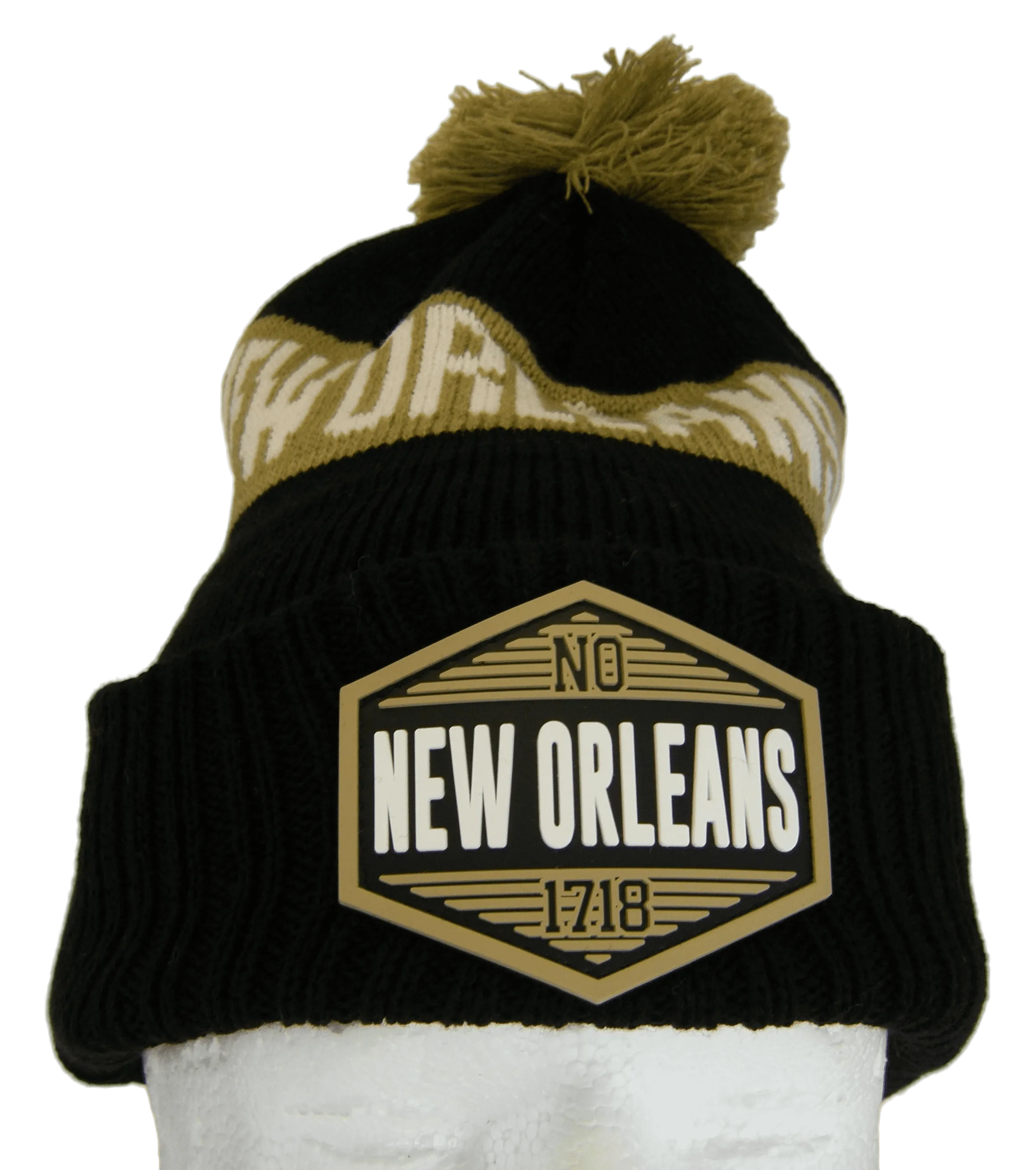 New Orleans City Name Winter Knit 3D Rubber Patch Pom Beanie Hat (Black/Khaki)