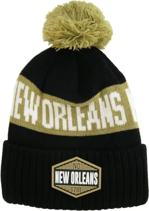 New Orleans City Name Winter Knit 3D Rubber Patch Pom Beanie Hat (Black/Khaki)