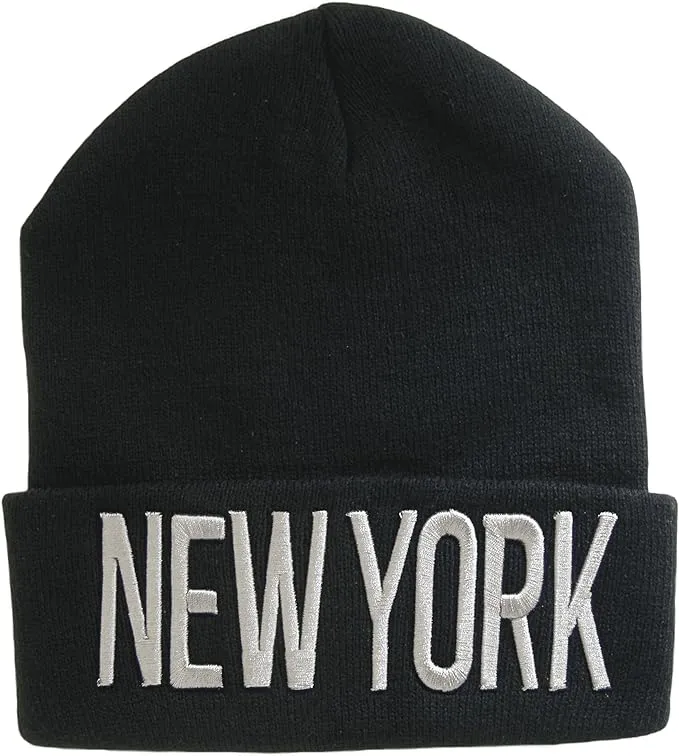 New York Adult Size Winter Knit Cuffed Beanie Hat (Black/Gray)