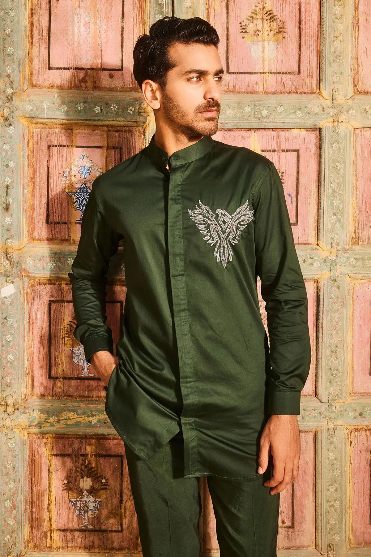 Olive Green Embroidered Shirt And Pant Set