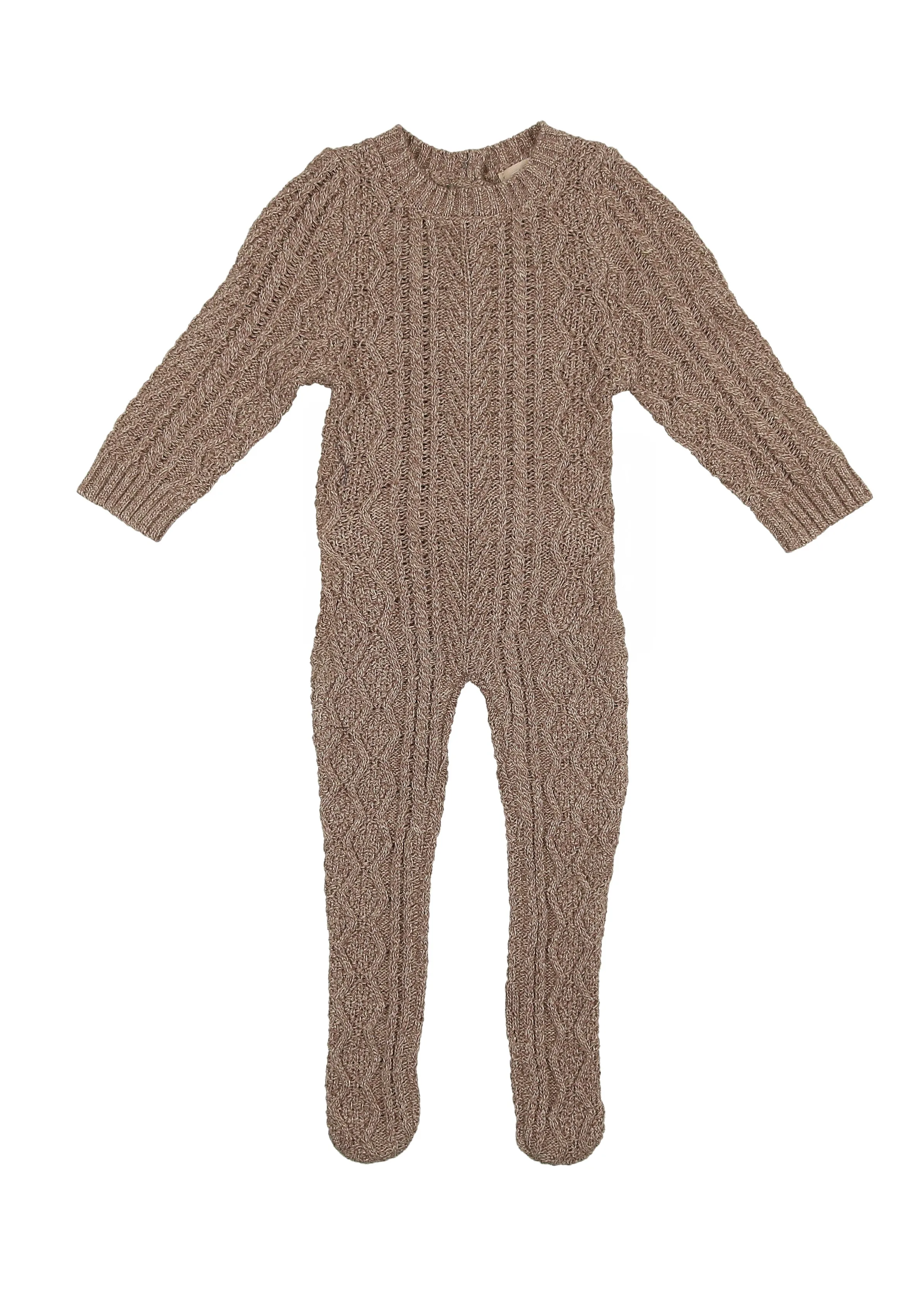 one piece marled knit footie with hat - sand