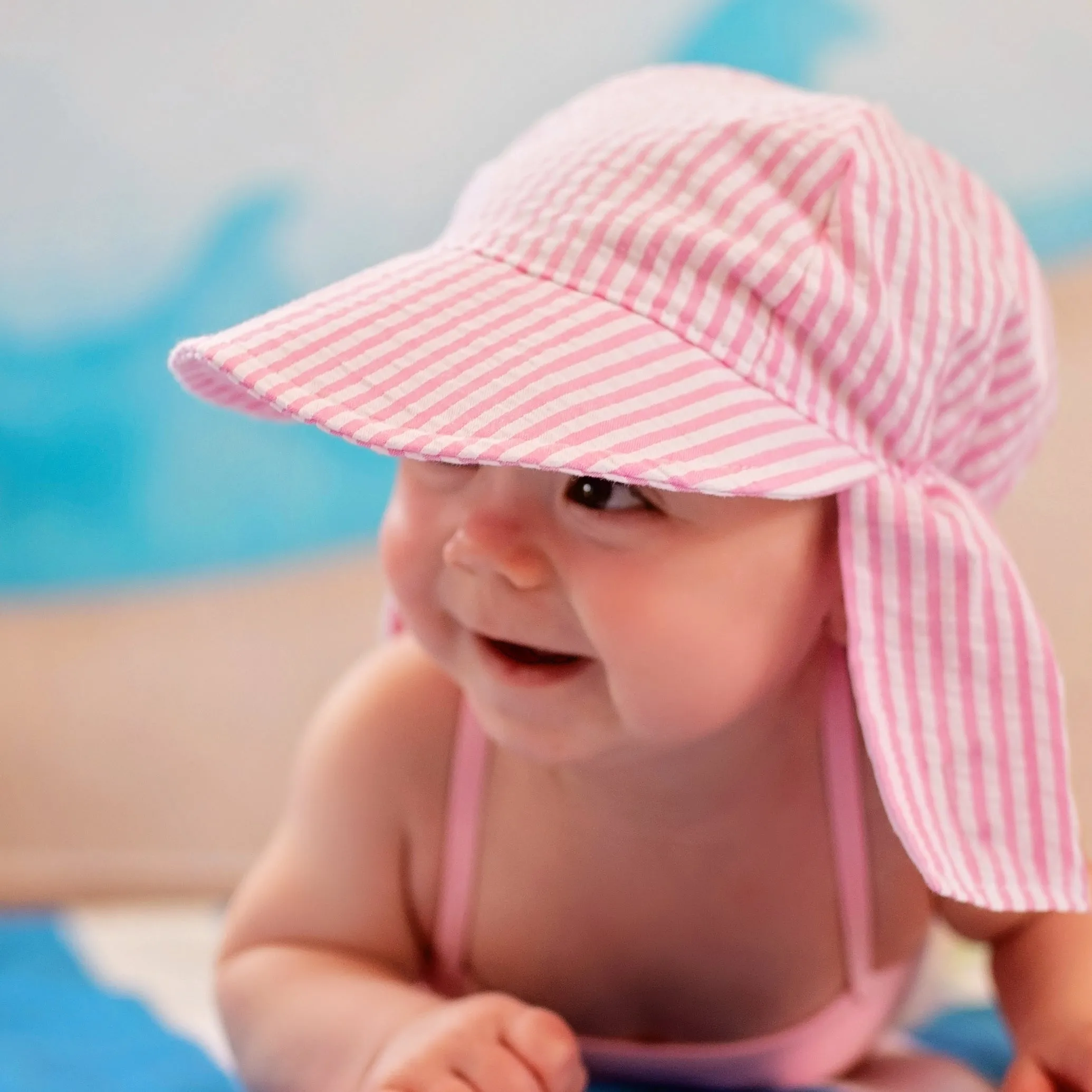 Personalized Pink and White Preppy Seersucker Stripe Sun & Swim Sun Hat for Baby Girls Newborn Hats Infant Summer Hat